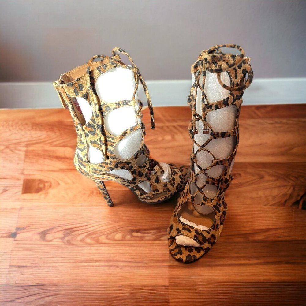 Breckelles Roma-51 Leopard Faux Suede Lace Up Stiletto Sandal Strappy Sandals - Picture 5 of 8
